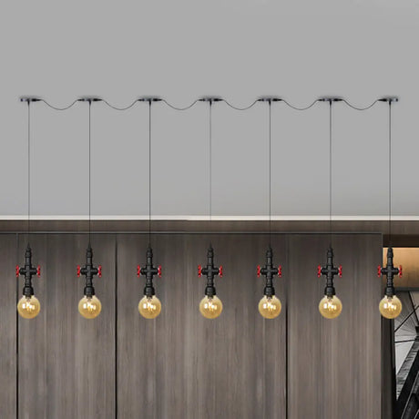 Antiqued Sphere Multi Light Chandelier With Amber Glass Pendant - Led Suspension In Black