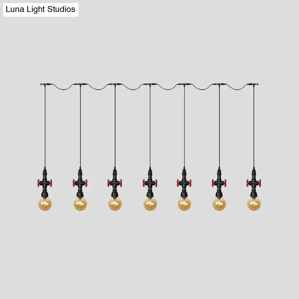 Antiqued Sphere Multi Light Chandelier With Amber Glass Pendant - Led Suspension In Black
