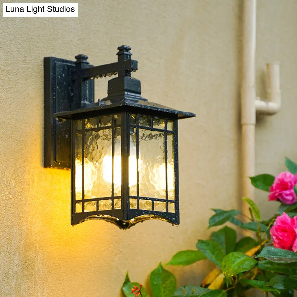 Antiqued Water Glass Rectangle Garden Wall Light - 1 Bulb Black/Brass Sconce Fixture