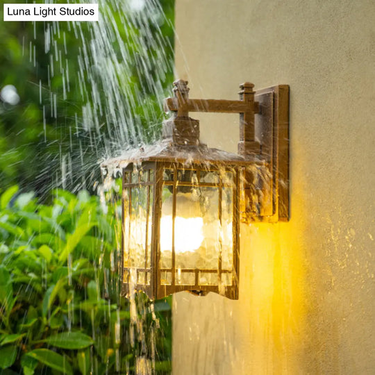 Antiqued Water Glass Rectangle Garden Wall Light - 1 Bulb Black/Brass Sconce Fixture
