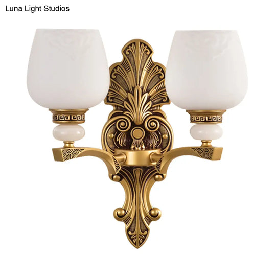 Antiqued White Glass Cup Wall Sconce - Brass 1/2 Heads Mount Lamp For Bedroom Lighting