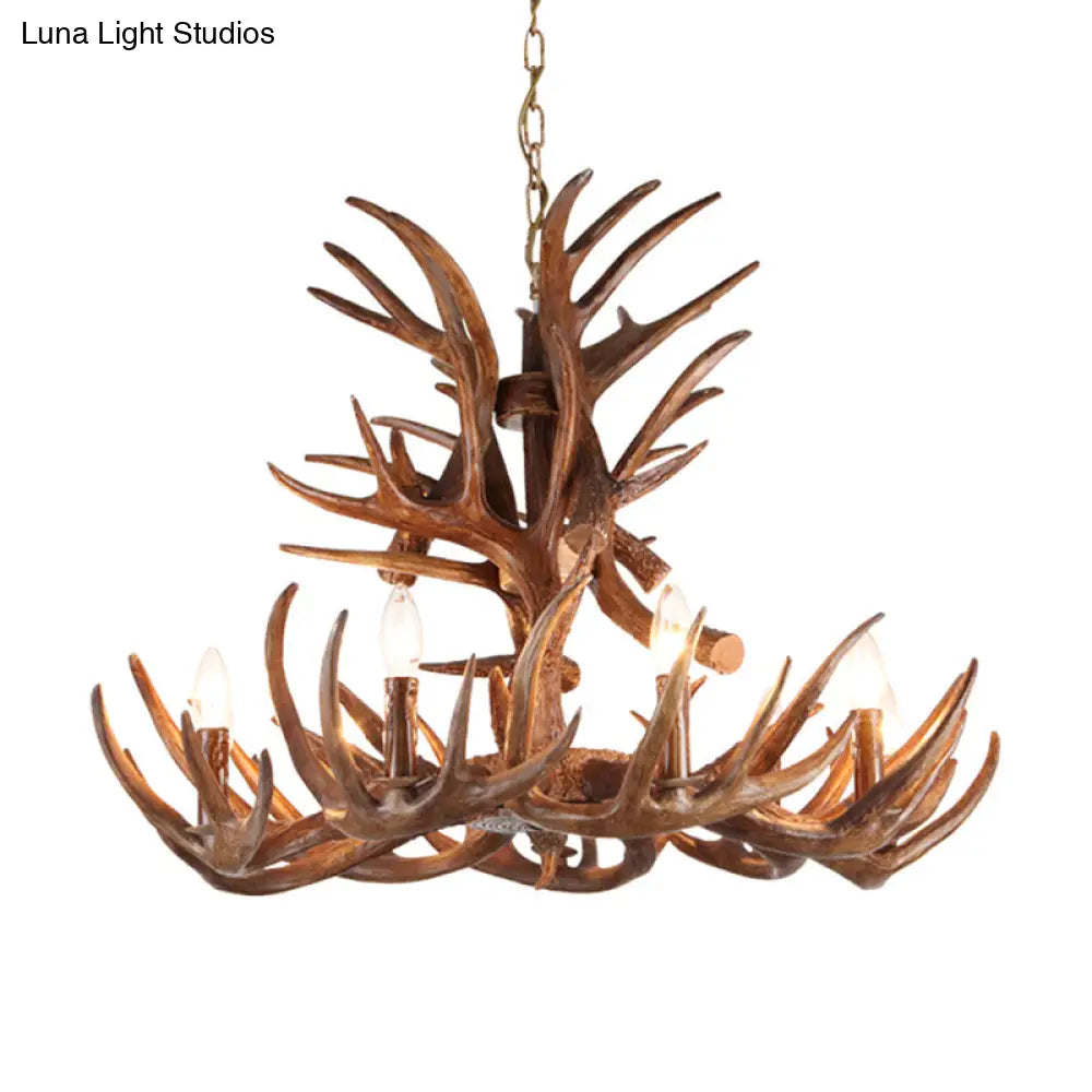 Antler Resin Chandelier: Traditional Candle Shape Hanging Lamp With 4/6/9 Bulbs In Coffee