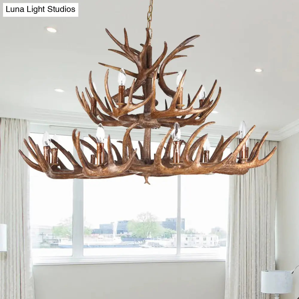 Antler Resin Chandelier: Traditional Candle Shape Hanging Lamp With 4/6/9 Bulbs In Coffee