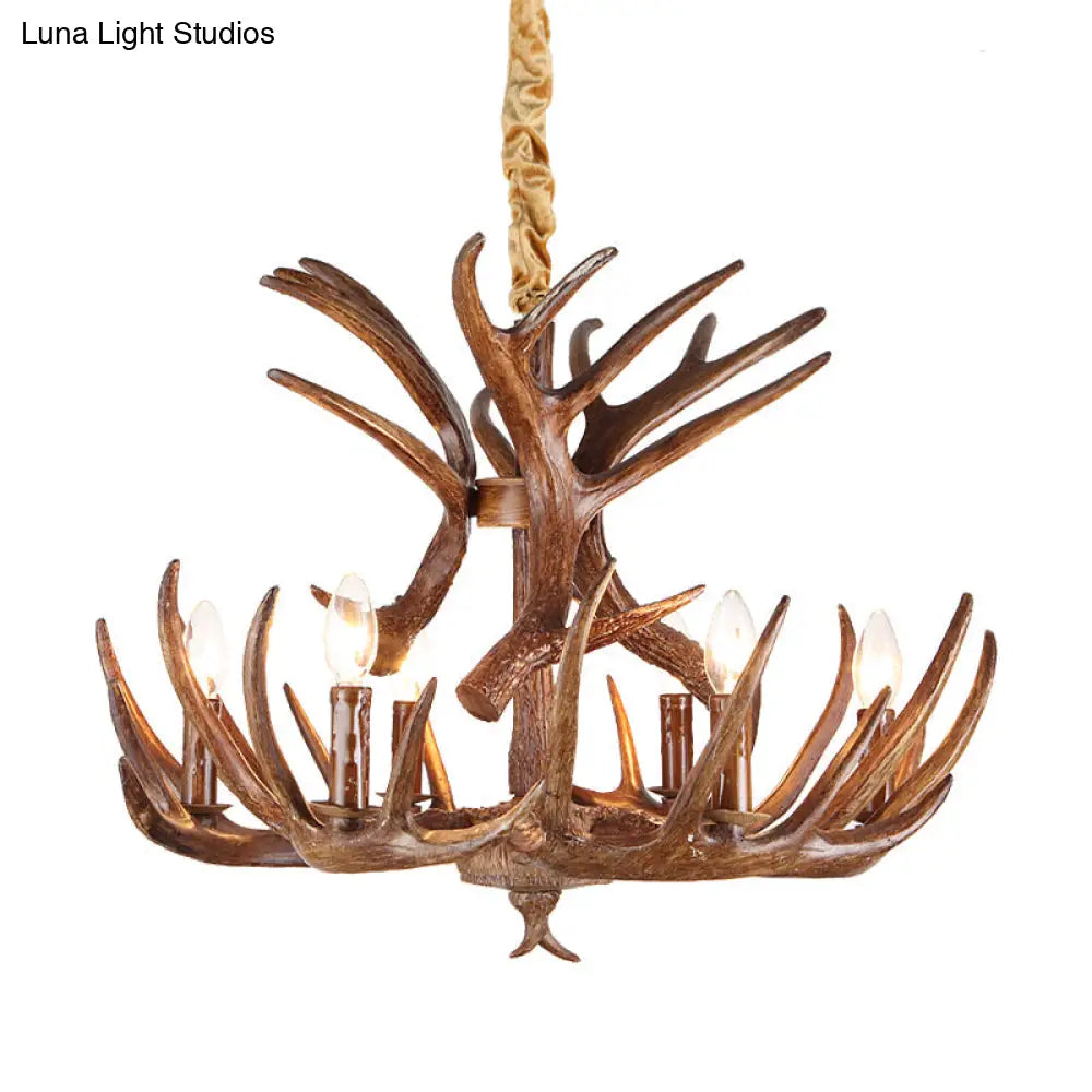 Antler Resin Chandelier: Traditional Candle Shape Hanging Lamp With 4/6/9 Bulbs In Coffee