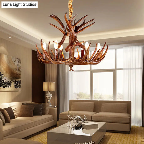 Antler Resin Chandelier: Traditional Candle Shape Hanging Lamp With 4/6/9 Bulbs In Coffee