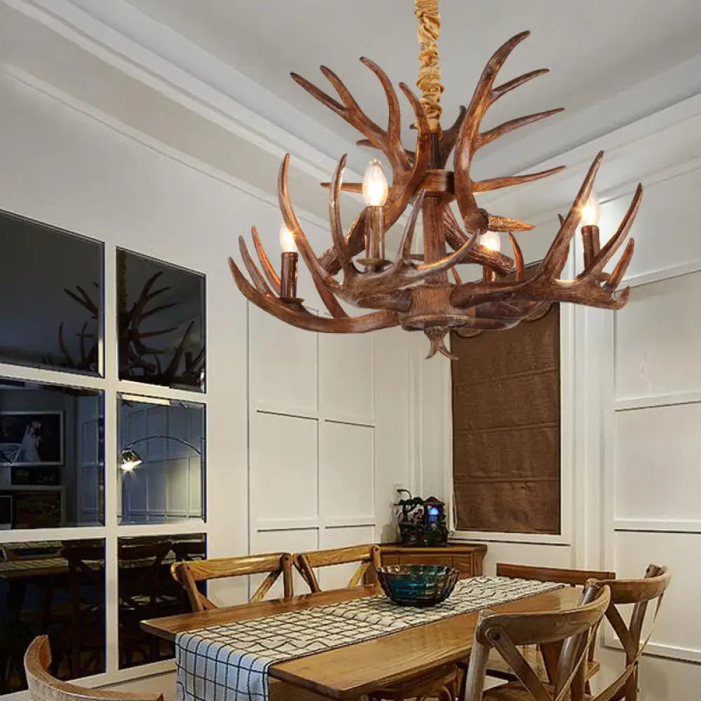 Antler Resin Chandelier: Traditional Candle Shape Hanging Lamp With 4/6/9 Bulbs In Coffee 4 /