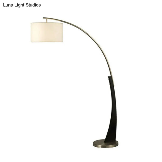 Arched Fishing Rod Lamp - Elegant 1-Light Metal Floor Light With Drum Fabric Shade In Black