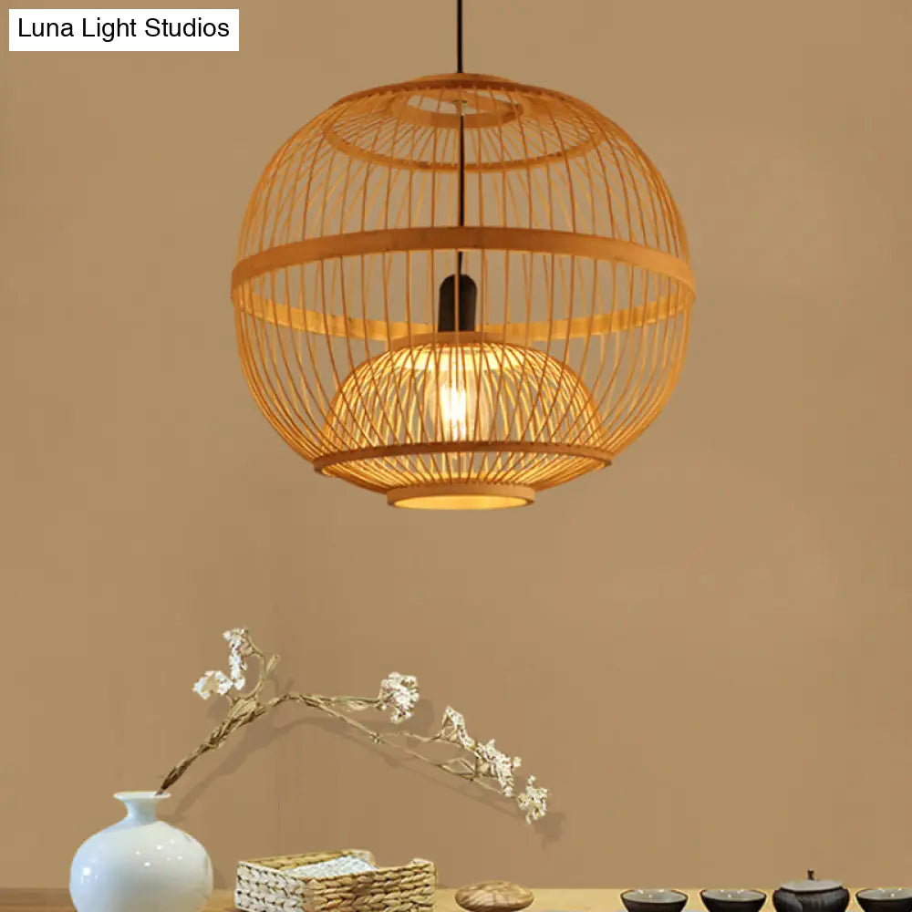 Art Deco Circle Bamboo Pendant Light - Beige Dining Room Fixture