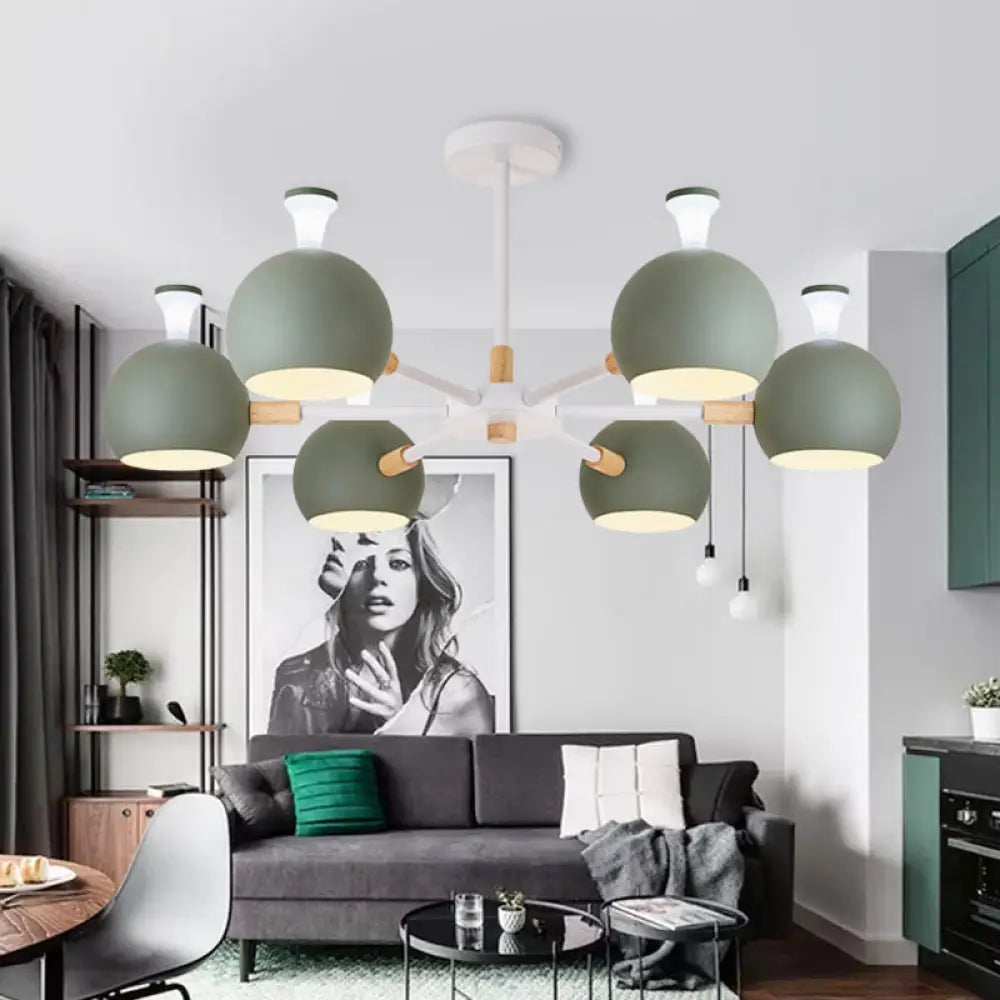 Art Deco Dome Pendant Chandelier - 6-Light Metal Hanging Light For Living Room Green