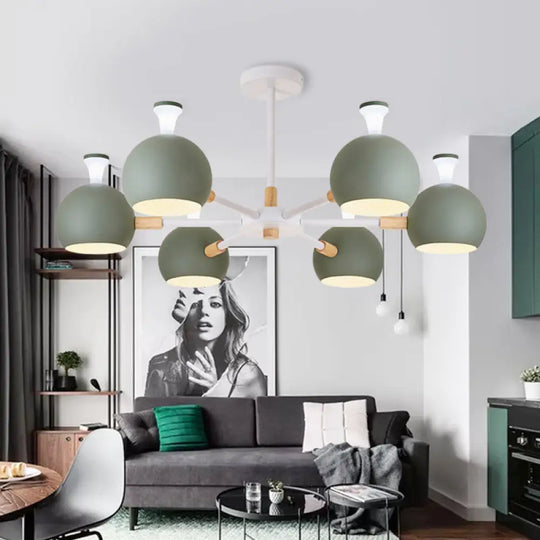 Art Deco Dome Pendant Chandelier - 6-Light Metal Hanging Light For Living Room Green