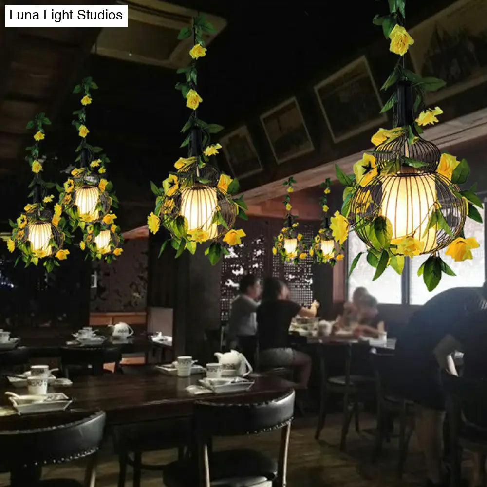 Art Deco Flower Pendant Light With Metal Cage - Single-Bulb Hanging Fixture Green / 12