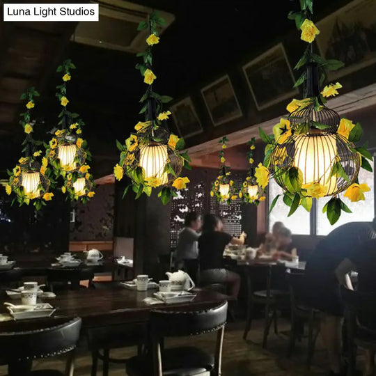 Art Deco Flower Pendant Light With Metal Cage - Single-Bulb Hanging Fixture Green / 12