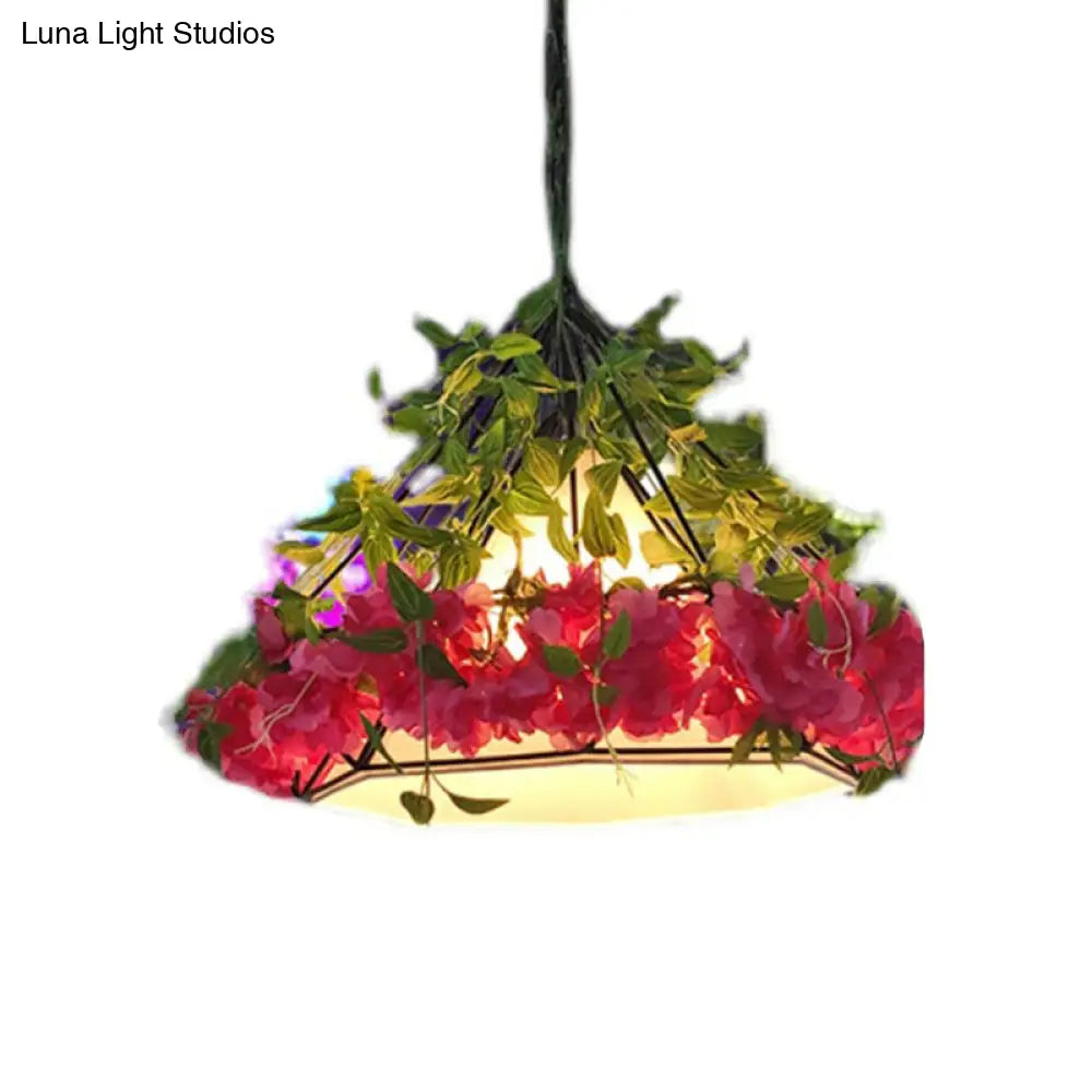 Art Deco Flower Pendant Light With Metal Cage - Single-Bulb Hanging Fixture Green / 17