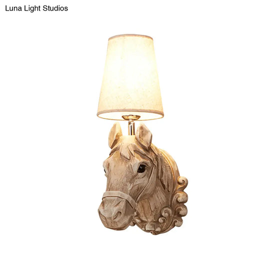 Art Deco Horse Head Wall Sconce 1-Light Restaurant Mounted Light - Brown Resin With Cone Shade