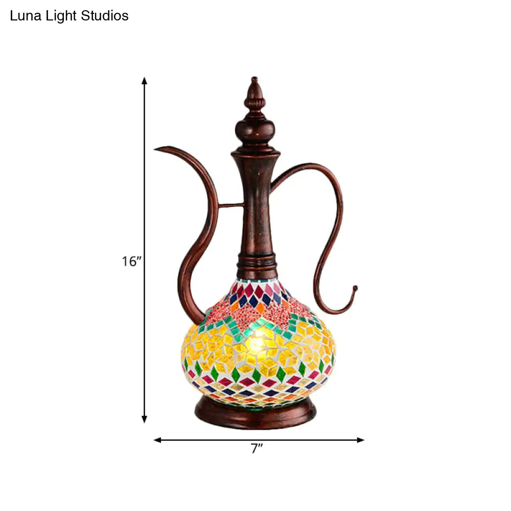 Art Deco Yellow Stained Glass Teapot Bedroom Table Lamp With 1 Light And Copper Night