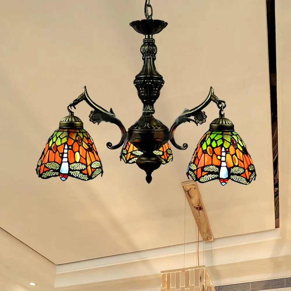 Art Glass Tiffany Chandelier - 3-Light Fixture For Dining Room Orange