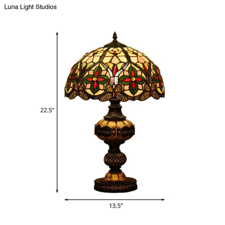 Art Glass Victorian Desk Lamp With Stained Beige/Orange Bowl Shade - Elegant Flower Night Table
