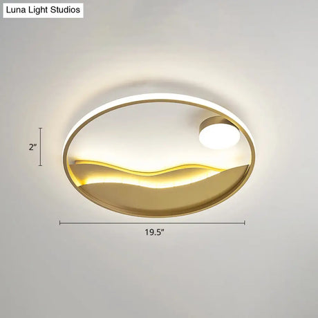 Artistic Bedroom Ambiance: Sunrise And Sea Led Flush Mount Ceiling Light With A Metal Halo Ring Gold