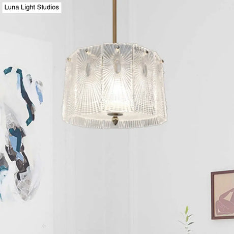 Artistic Clear Carved Glass Chandelier Light - Gold Drum Suspension For Dining Room