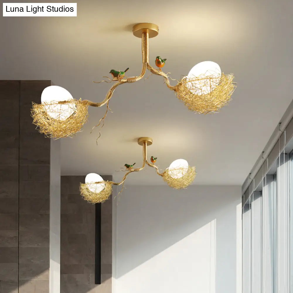 Artistry Milk White Glass Ball Chandelier Pendant 1/2/3-Light Golden Hanging Lamp With Birds And