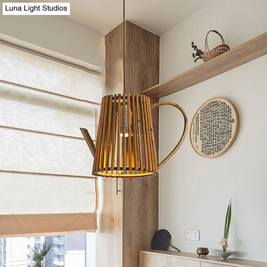 Asia 1-Head Bamboo Teapot Ceiling Lamp: Khaki Hanging Light Fixture For Living Room