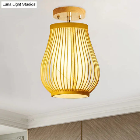 Asia 1 - Head Ceiling Mounted Wood Pear/Globe Light Fixture With Bamboo Cage And Shade