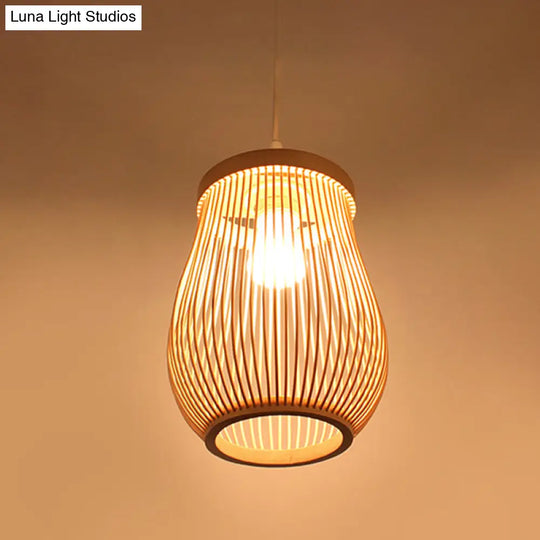 Asia Bamboo Hand-Worked Pear Cage Pendant Terrace Ceiling Light - Wood 1 Bulb
