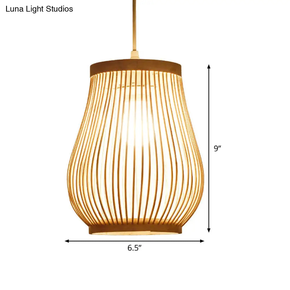 Asia Bamboo Hand-Worked Pear Cage Pendant Terrace Ceiling Light - Wood 1 Bulb
