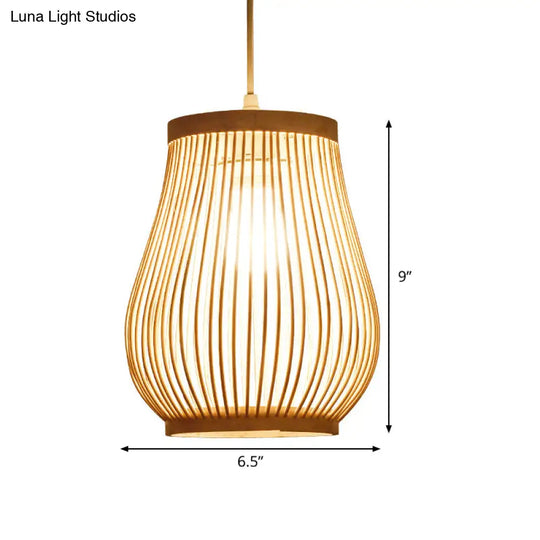 Asia Bamboo Hand-Worked Pear Cage Pendant Terrace Ceiling Light - Wood 1 Bulb
