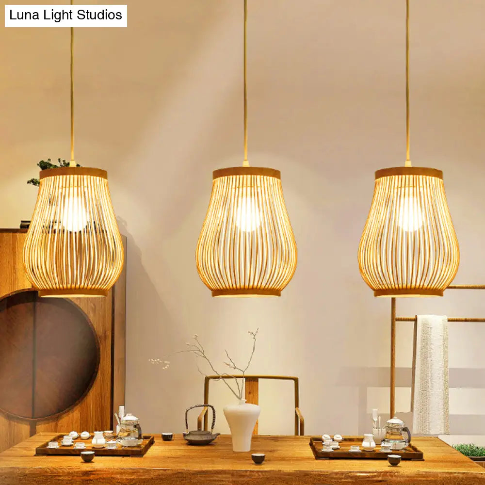 Asia Bamboo Hand-Worked Pear Cage Pendant Terrace Ceiling Light - Wood 1 Bulb