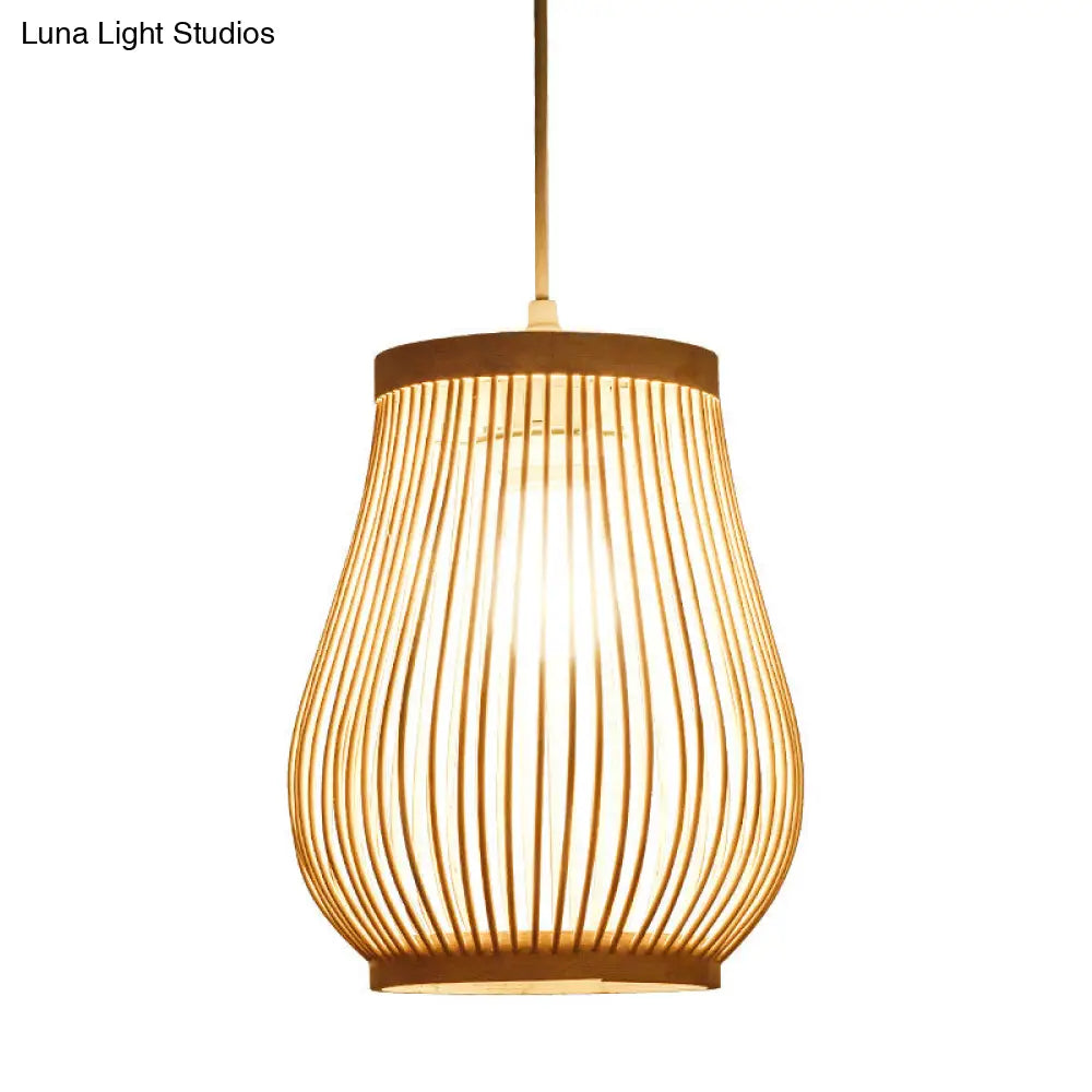 Asia Bamboo Hand-Worked Pear Cage Pendant Terrace Ceiling Light - Wood 1 Bulb