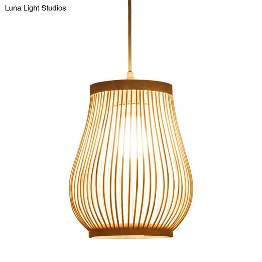 Asia Bamboo Hand-Worked Pear Cage Pendant Terrace Ceiling Light - Wood 1 Bulb