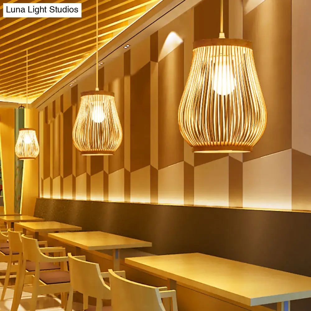 Asia Bamboo Hand-Worked Pear Cage Pendant Terrace Ceiling Light - Wood 1 Bulb