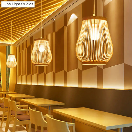 Asia Bamboo Hand-Worked Pear Cage Pendant Terrace Ceiling Light - Wood 1 Bulb