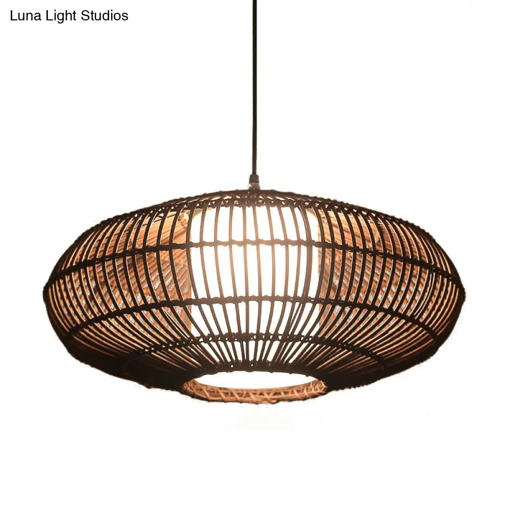 Asia Bamboo Lantern Pendant Lamp With White Acrylic Shade - Coffee Ceiling Hanging Light
