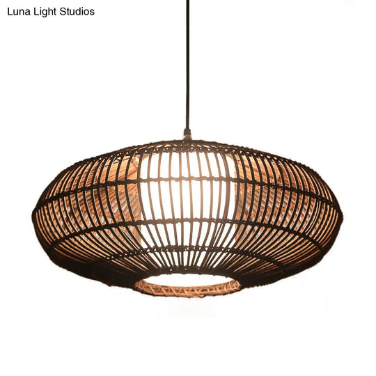Asia Bamboo Lantern Pendant Lamp With White Acrylic Shade - Coffee Ceiling Hanging Light