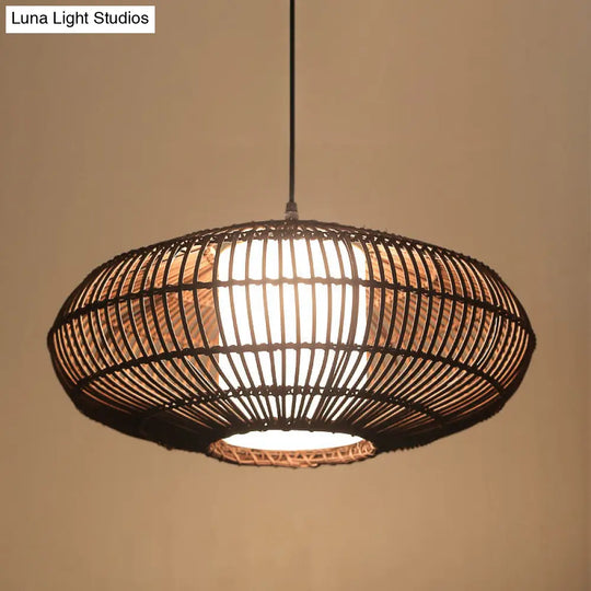 Asia Bamboo Lantern Pendant Lamp With White Acrylic Shade - Coffee Ceiling Hanging Light
