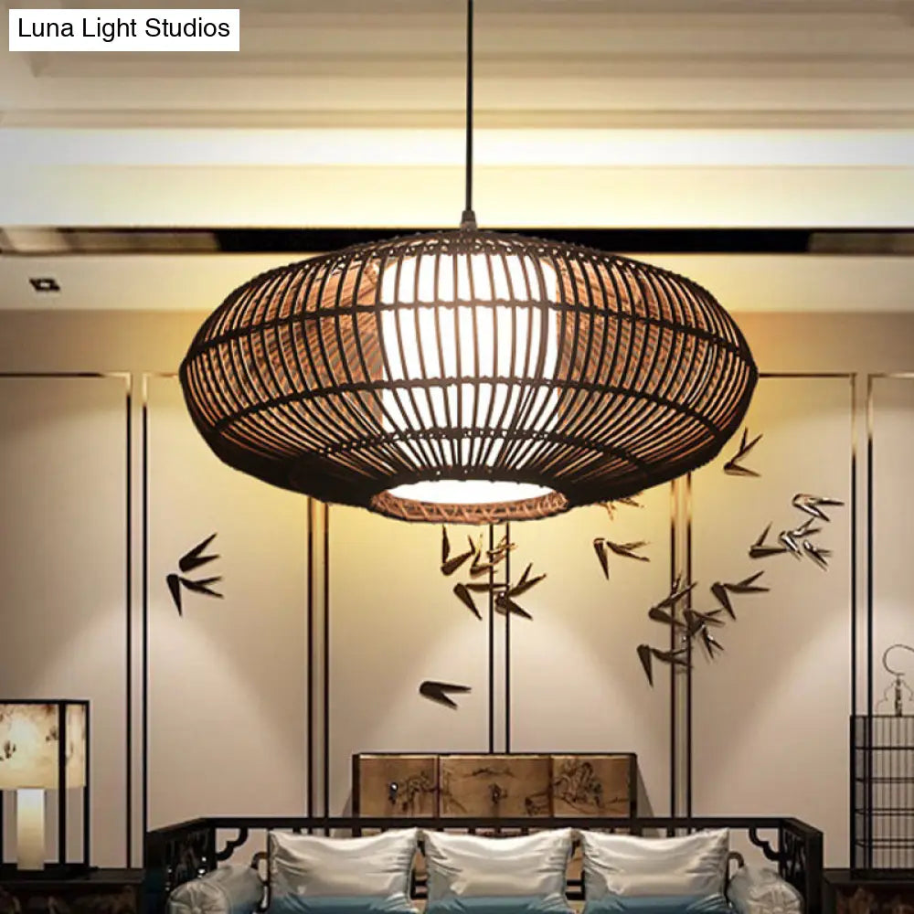Asia Bamboo Lantern Pendant Lamp With White Acrylic Shade - Coffee Ceiling Hanging Light