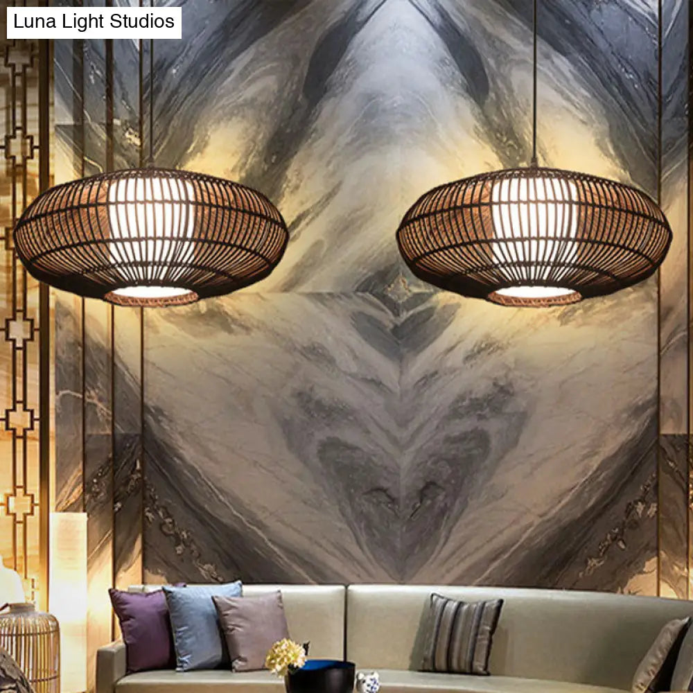 Asia Bamboo Lantern Pendant Lamp With White Acrylic Shade - Coffee Ceiling Hanging Light