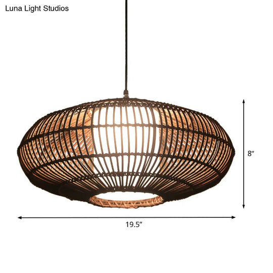 Asia Bamboo Lantern Pendant Lamp With White Acrylic Shade - Coffee Ceiling Hanging Light