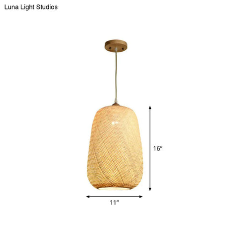 Asia Bamboo Weave Pendant Light Fixture - Restaurant Ceiling Lamp Beige Shade