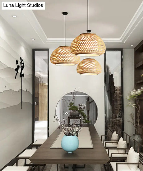 Asia Style Rattan Shade Pendant Lamp - 1 Light Ceiling Lantern In Beige