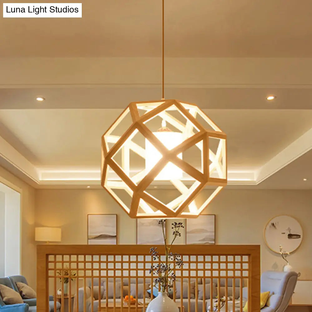 Asia Wood Globe Pendant Light With Beige Fabric Shade - Single Bulb Hanging Lamp
