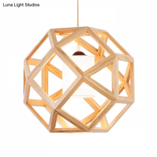 Asia Wood Globe Pendant Light With Beige Fabric Shade - Single Bulb Hanging Lamp