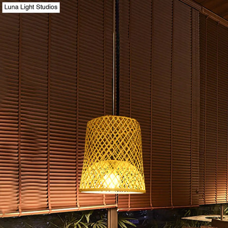 Asian Bamboo Ceiling Lamp 1 Head Beige Pendant Light Fixture For Restaurants