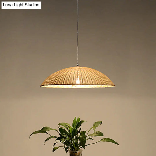 Asian Bamboo Domed Ceiling Lamp - 1 Head Flaxen Pendant Light For Living Room