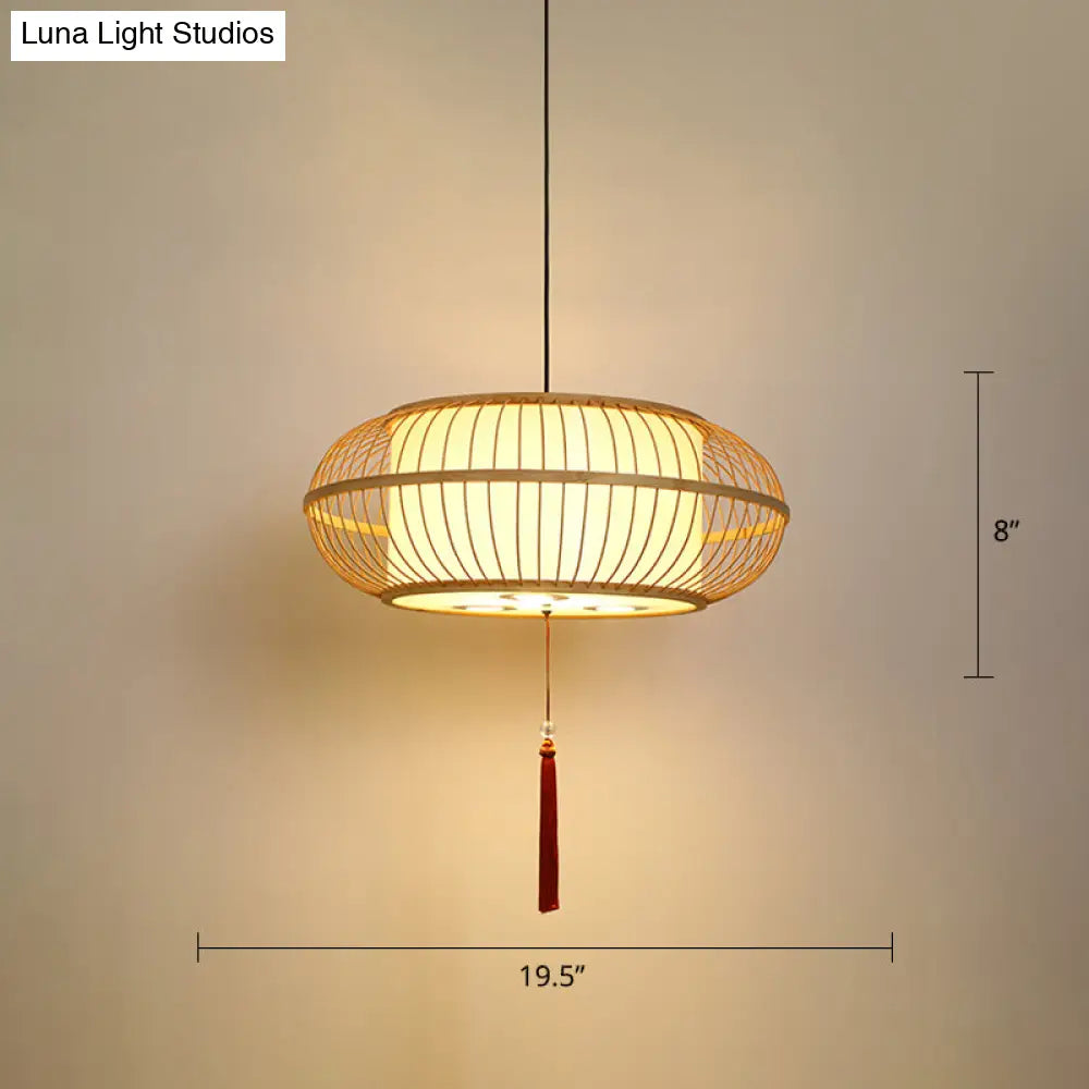 Asian Bamboo Drum Pendant Ceiling Lamp: Beige 1-Light Suspension Light With Tassel Knot / 19.5
