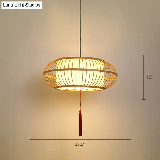 Asian Bamboo Drum Pendant Ceiling Lamp: Beige 1-Light Suspension Light With Tassel Knot