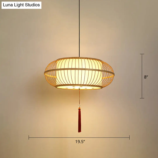 Asian Bamboo Drum Pendant Ceiling Lamp: Beige 1-Light Suspension Light With Tassel Knot