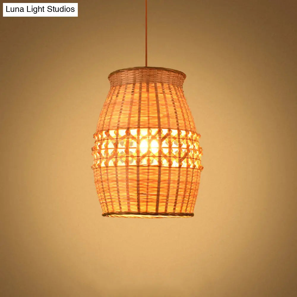 Asian Bamboo Jar Pendulum Light | Wood Woven Ceiling Hanging Lamp Fixture